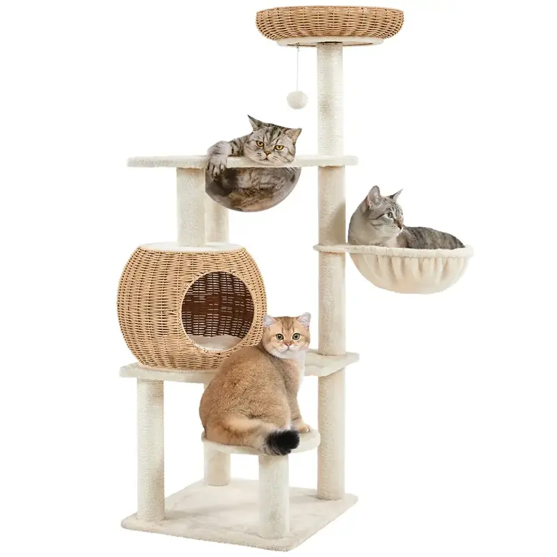 【On Sale】Yaheetech 54in Rattan Cat Tree Tower with Luxury Woven Condo, Clear Bowl, Washable Cushions, and Scratching Post...
