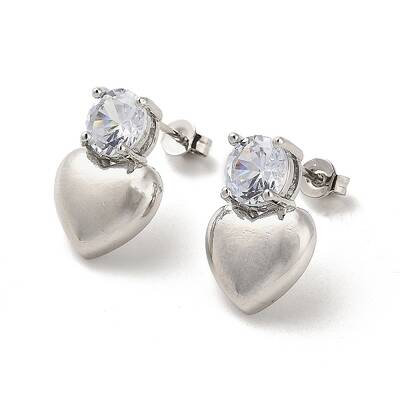 Heart Rack Plating Brass Micro Pave Clear Cubic Zirconia Stud Earrings