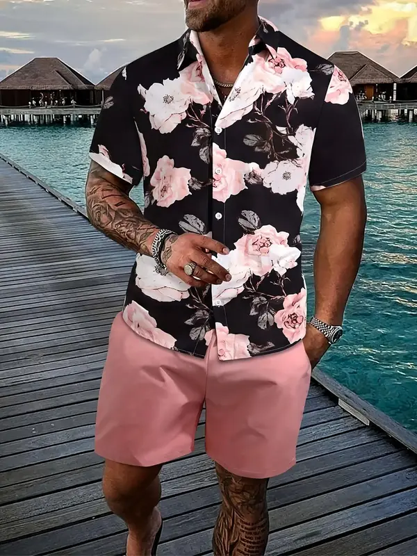 Two-piece Set Men's Floral Print Button Front Shirt & Drawstring Waist Shorts Set, Regular Fit Short Sleeve Collar Top & Pock...