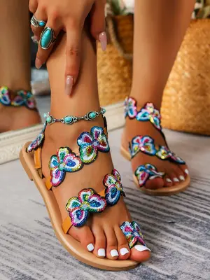 Women's Fashionable Butterfly Design Toe Thong Sandals for Women, 2024 Casual Boho Style Slip on Sandals for Summer, Lightwei...