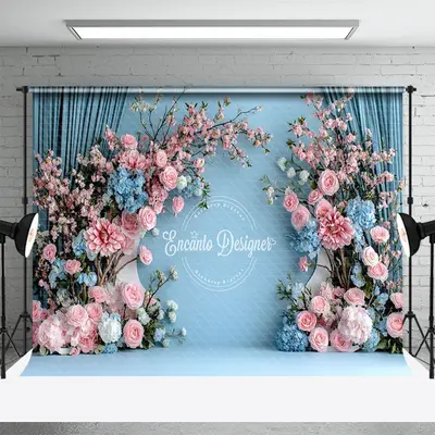 Aperturee Blue Wall Pink Floral Romantic Wedding Backdrop, 3X2FT(1MX0.6M), 14 USD, wedding backdrops, ENHD2J59-M
