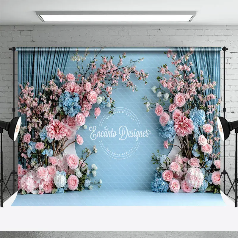Aperturee Blue Wall Pink Floral Romantic Wedding Backdrop, 3X2FT(1MX0.6M), 14 USD, wedding backdrops, ENHD2J59-M