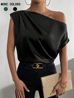 Women's Plain Sleeveless Blouse, Loose Fit Minimalist Chic Casual Batwing One Shoulder Top for Daily Wear, Ladies Clothes fo...