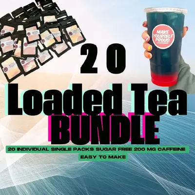 20 LOADED TEA single serving packages with each order. Each Single package makes 1 Loaded Tea 200 MG CAFFEINE IN EACH PACKAGE...