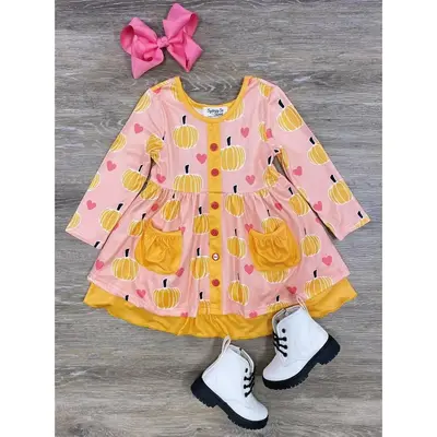 Pumpkin Love Pink & Orange Girls or Toddler Pink and Orange Ruffle Trim Long Sleeve Dress