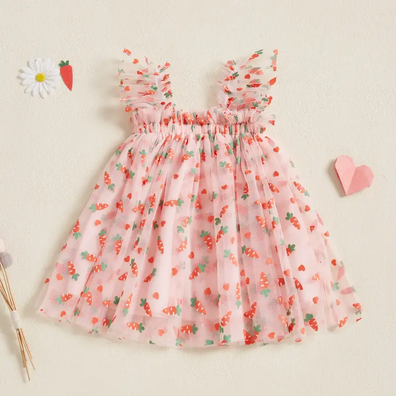Toddler Girls Sleeveless Dress Easter Outfit Casual Summer Carrot/Rabbit Print Mesh Tulle Dress for Cute Clothes
