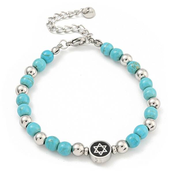 Star of David 304 Stainless Steel & Synthetic Turquoise Round Beaded Bracelets for Women