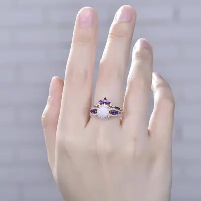 Natural Fire Opal Wedding Ring Set Marquise Amethyst Opal Ring