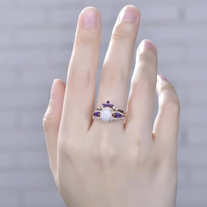 Natural Fire Opal Wedding Ring Set Marquise Amethyst Opal Ring