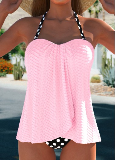 Modlily Cross Hem Polka Dot Light Pink Tankini Set - L
