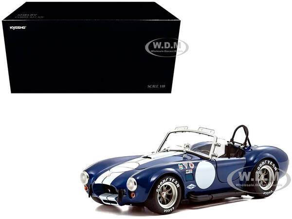 Shelby Cobra 427 S/C Blue with White Stripes and Race Graphics 1/18 Diecast Model Car by Kyosho