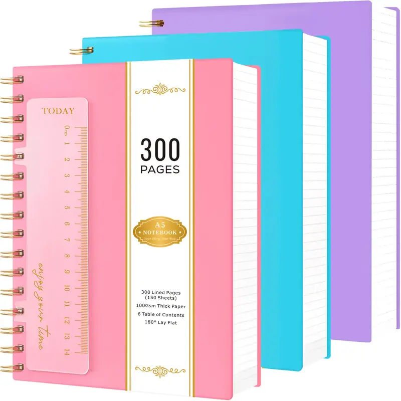 Spiral Notebook Journal, 3 Pack A5 Notepad With 300 Pages Lined Paper, Hardcover Notebooks College Ruled With 100GSM Thick Pa...