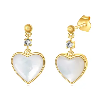 14K Gold Heart Mother Of Pearl Drop Earrings For Women