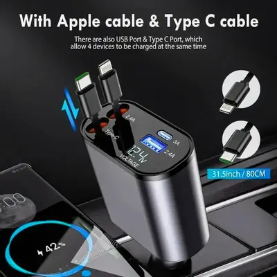 4 in 1 Retractable Car Charger, USB C Fast Charging Adapter[Max100W] with Lightning Cable&Dual Charge Port Compatible with iP...