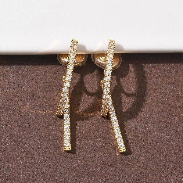 Brass Micro Pave Clear Cubic Zirconia Stick Clip-on Earrings