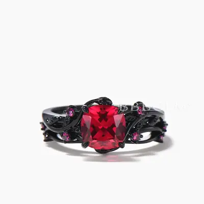 Ruby Black Gold Ring Set Cushion Cut Ruby Nature Inspired Engagement Ring