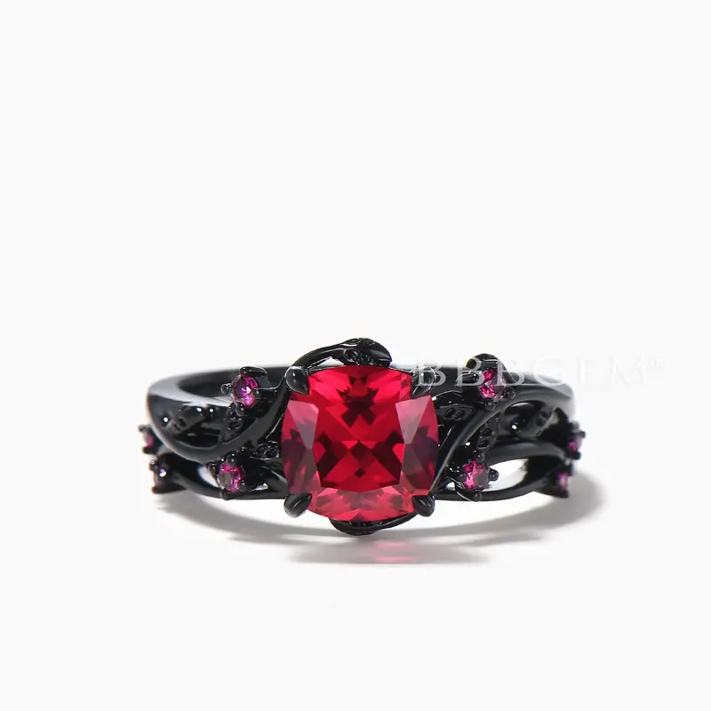 Ruby Black Gold Ring Set Cushion Cut Ruby Nature Inspired Engagement Ring