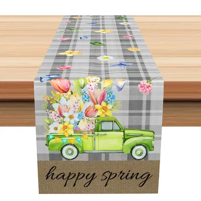 Grey Plaid Colors Floral Green Car Table Runner - Aperturee