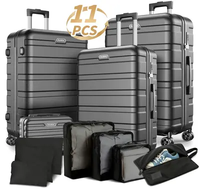 Famistar 11-Piece Luggage Set 4 Hard Shell Suitcases with Spinner Wheels & 7 Toiletry Bags Lightweight 100% ABS Construction ...