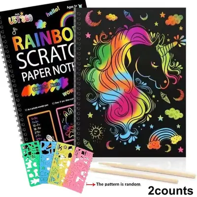 Rainbow Scratch Notebook, 1/2/3 Counts (1 Count with 10 Sheets) Handicraft Supplies Set Painted Paper, Kids Birthday Games Pa...