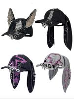 Women's Street Style Ripped Bunny Ears Design Baseball Cap, Fashionable Heart & Letter Pattern O-ring Decor Adjustable Snapba...