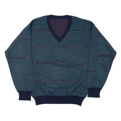 Patterned Jumper Green Check Tight Knit Wool V-Neck Mens S