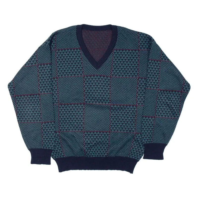 Patterned Jumper Green Check Tight Knit Wool V-Neck Mens S