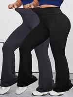 【Plus Size】Solid High Waist Flare Leg Sports Leggings, Sporty Comfy Breathable Bell Bottom Trousers for Yoga Gym Workout ...