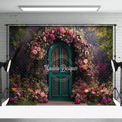 Aperturee Teal Garen Door Floral Natural Scene Spring Backdrop, 3X2FT(1MX0.6M), 14 USD, spring backdrops, ENHD1J95-M