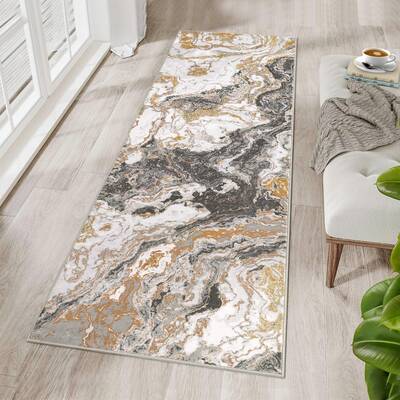 Garvee Abstract Grey 2x8 Modern Marble Runner Rugs, Non Slip Washable Polyester Abstract Pattern for Kitchen Hallway Bedroom ...