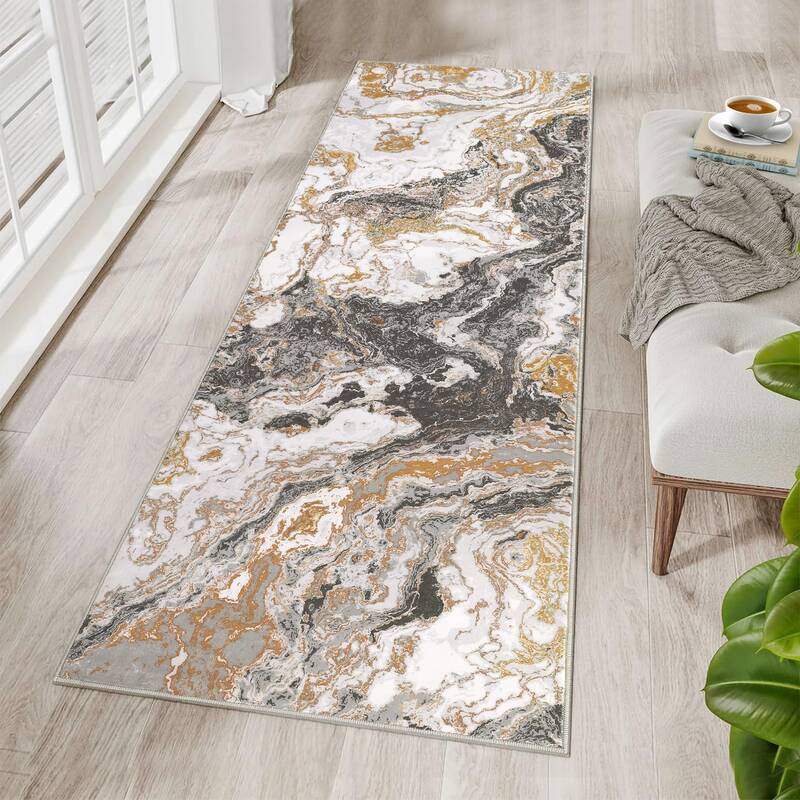 Garvee Abstract Grey 2x8 Modern Marble Runner Rugs, Non Slip Washable Polyester Abstract Pattern for Kitchen Hallway Bedroom ...