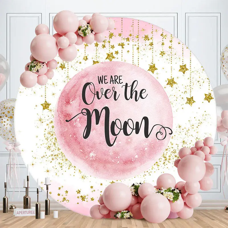 Aperturee Pink Moon Gold Stars Bokeh Baby Shower Backdrop