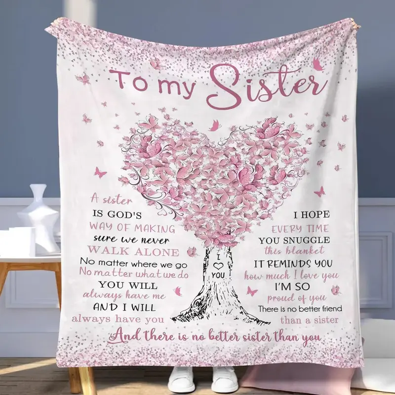 To My Sister Letter & Heart Pattern Blanket, Soft Warming Relaxation Throw Blanket, Bedroom Accessories Decoration Napping Bl...