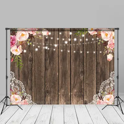 Dark Brown Wood Pink Floral Photo Booth Backdrop - Aperturee