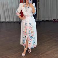 ChicMe Women's Floral Print V Neck Three Quarters Tied Detail Blouse Dress Casual A Line Slim Fit Maxi Dress