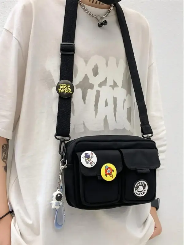 Men's Fashionable Casual Patched Design Nylon Crossbody Bag, Lightweight Simple Design Sporty Square Crossbody Bag with Adjus...