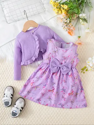 2pcs Girls' fashion dress sets spring/autumn cute solid color cardigan bow vest dress elegant baby girl lace coat sleeveless ...