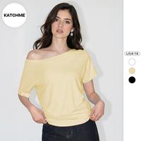 KatchMe Women's Breezy Solid Color Sloping Shoulder Short Sleeve Loose Top, Spring & Summer Slouchy Comfort Outfit, Basic T-S...