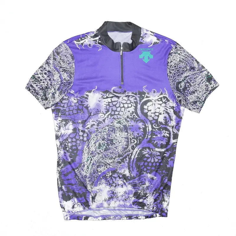 DESCENTE Cycling Purple Crazy Pattern 1/4 Zip Short Sleeve T-Shirt Mens S