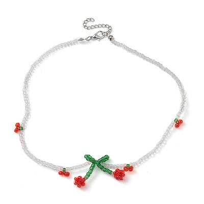 Glass Seed Beaded Cherry Pendant Necklace