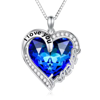Sterling Silver Blue Heart Crystal Pendant Necklace Engraved I Love You Forever