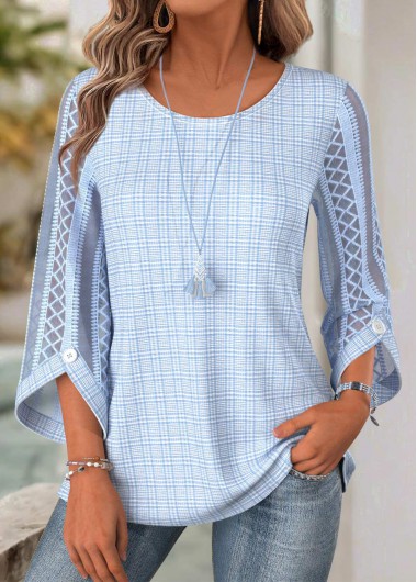 Modlily Light Blue 3/4 Sleeve Round Neck Blouse - XXL