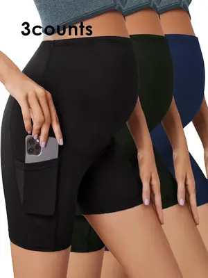 Solid High Waist Pocket Sports Short Leggings, Maternity Leggings, High Stretch Seamless Yoga Leggings, Maternity Bottoms for...