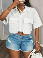 Women's Solid Color Short Sleeve Shirt, Casual Elastic Pocket Design Crop Top for Summer, Women's Clothing for Daily Wear, Wo...