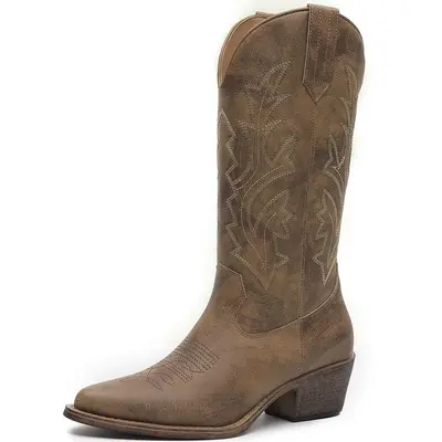 GLOBALWIN Camel Tan Cowboy Boots For Women Western Boots Classic Embroidery Western Cowboy Boots Mid Calf Knee High Cowgirl B...