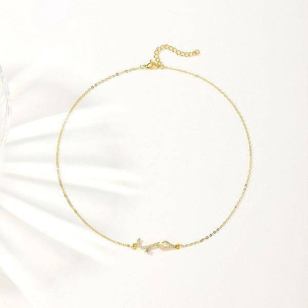 Cubic Zirconia Wave Pendant Necklace with Golden Brass Chains