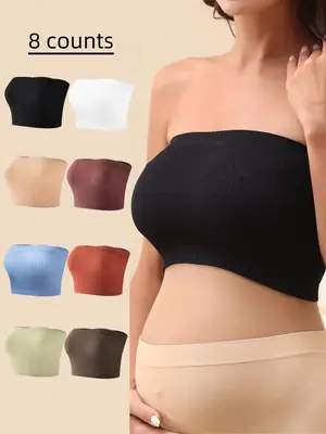 8 Counts Maternity Solid Color Ribbed Seamless Bandeau Lingerie Top, Comfort Going Out Tops, Casual Soft Comfortable Breathab...