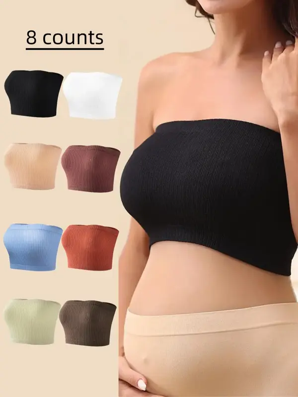 8 Counts Maternity Solid Color Ribbed Seamless Bandeau Lingerie Top, Comfort Going Out Tops, Casual Soft Comfortable Breathab...