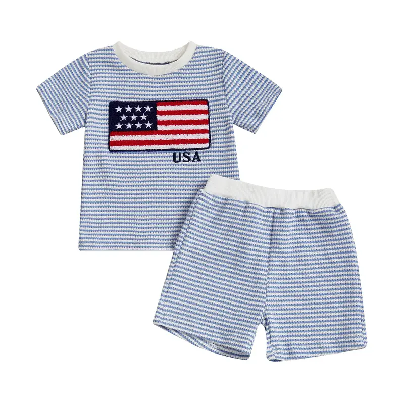 New Toddler Newborn Baby Girl Boy 4th of July Outfit Usa American Flag Embroidery Striped Short Sleeve T-Shirt Shorts 2Pcs Se...