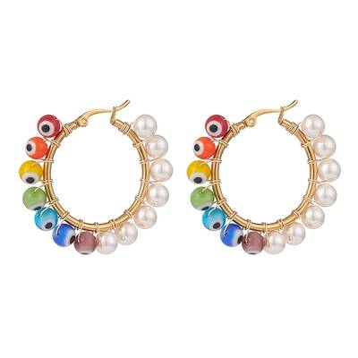 Shell Pearl & Evil Eye Lampwork Beaded Hoop Earrings